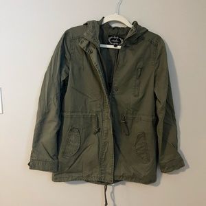 Green Hooded Zip Button Utility Jacket, Fall, Drawstring Waist Large, Army